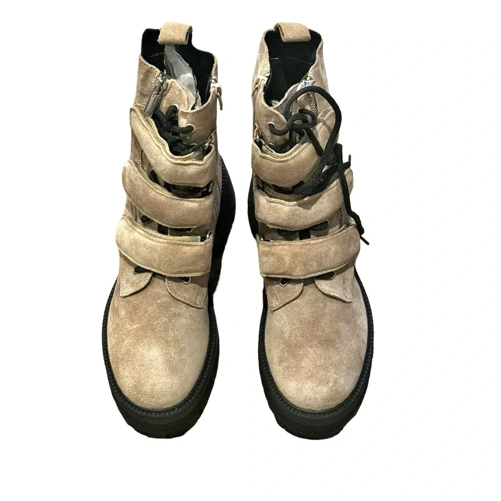 Free People Suede Emmett Lace Up Chunky Lug Sole Platform Zip Boot Tan 39 NWOB